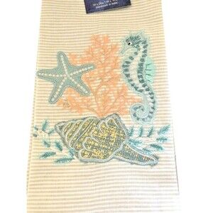 Nautical Embroidered Kitchen Dish Towels Set of 2 Starfish Seahorse 100% Cotton